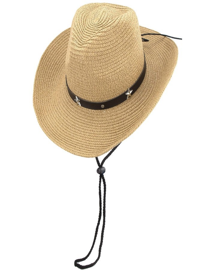 Vikodah Women Straw Sun Hat Wide Brim Western Cowboy Cowgirls Style UV-Protection Beach Hat with Wind Lanyard Khaki - Image 5